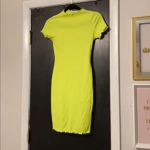 Ruffle mock neck neon yellow dress